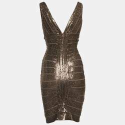 Herve Leger Brown Sequin Sleeveless Bodycon Dress S