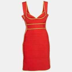 Pre Owned Herve Leger Red Knit Contrast Detail Sleeveless Mini Bandage Dress M