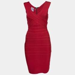 مملوكة مسبقًا Herve Leger Burgundy Bandage Knit V-Neck Midi Dress S