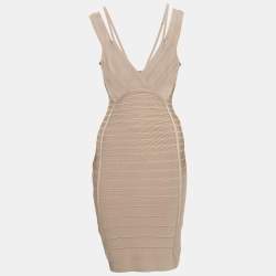 Herve Leger Beige Bandage Knit V-Neck Mini Dress S