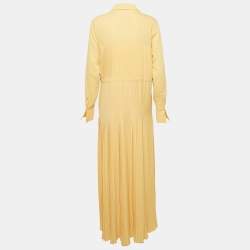 Hozweiler Tyranusaurus Light Yellow Crepe Pleated Button Front Maxi Dress S