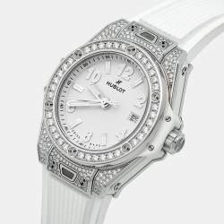 Pre Owned Hublot Big Bang One Click 485.SE.2010.RW.1604 White Dial Stainless Steel Resin Diamond Rubber Women's Wristwatch 33 mm