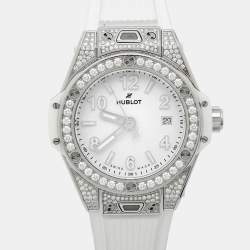 Pre Owned Hublot Big Bang One Click 485.SE.2010.RW.1604 White Dial Stainless Steel Resin Diamond Rubber Women's Wristwatch 33 mm