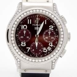 Hublot Burgundy Diamonds Stainless Steel Rubber MDM Chronograph 1810.1.024 Women's Wristwatch 40MM