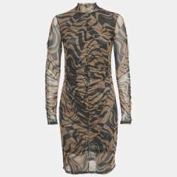 Pre Owned Hugo Boss Brown Printed Stretch Mesh Ruche Short Dress L