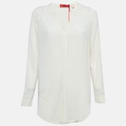 Hugo Boss Off White Silk Lace Trim Long Sleeve Button Front Blouse S