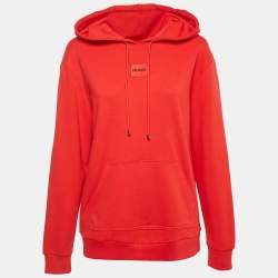Pre Owned Hugo Boss Red Logo Applique Cotton Knit Hooded Sweatshirt S