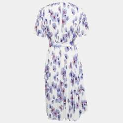Pre Owned Boss By Hugo Boss White Floral Print Plisse Belted Midi Dress M