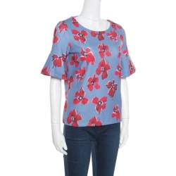 Pre Owned Hugo by Hugo Boss Blue Floral Printed Flared Sleeve Namilla Top XS