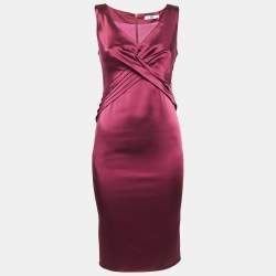 Pre Owned Ice Iceberg Dress Burgundy Stretch Satin Pleated Sheath Dress XS