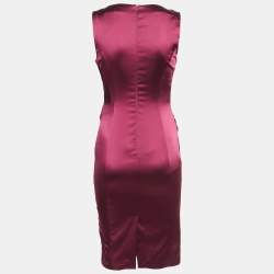Pre Owned Ice Iceberg Dress Burgundy Stretch Satin Pleated Sheath Dress XS