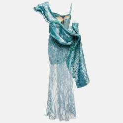 Ihlab Jiryis Mermaid Blue Sheer Embellished Tulle and Lurex Jacquard Asymmetric Gown S