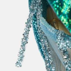 Ihlab Jiryis Mermaid Blue Sheer Embellished Tulle and Lurex Jacquard Asymmetric Gown S