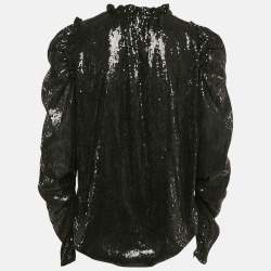 INGIE PARIS Black Sequin Crepe Ruffled Top S