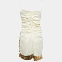 Pre Owned Invito Haute Couture Cream Satin Rushed Sequin Detail Mini Dress S