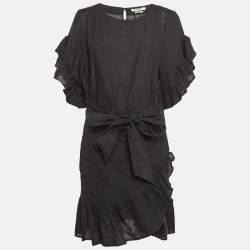 Pre Owned Isabel Marant Etoile Black Linen Ruffled Faux Wrap Dress M