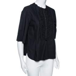 Pre Owned Isabel Marant Etoile Black Cotton Pintuck Embroidered Detail Blouse S