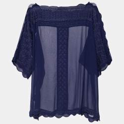 Pre Owned Isabel Marant Etoile Navy Blue Crepe Embroidered Axel Sheer Blouse M