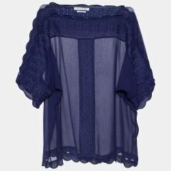 Pre Owned Isabel Marant Etoile Navy Blue Crepe Embroidered Axel Sheer Blouse M