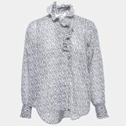 Isabel Marant Etoile White Floral Print Cotton Ruffle-Neck Top S