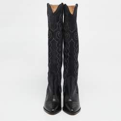 Pre Owned Isabel Marant Black Leather Cowboy Knee Length Boots Size 38