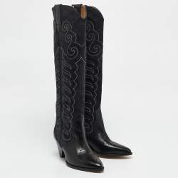 Pre Owned Isabel Marant Black Leather Cowboy Knee Length Boots Size 38