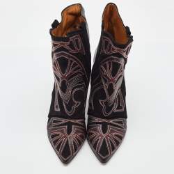 Pre Owned Isabel Marant Black Embroidered Suede and Leather Betty Ankle Boots Size 38