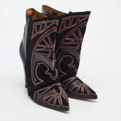 Pre Owned Isabel Marant Black Embroidered Suede and Leather Betty Ankle Boots Size 38