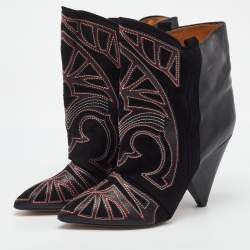 Pre Owned Isabel Marant Black Embroidered Suede and Leather Betty Ankle Boots Size 38