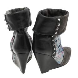 Pre Owned Isabel Marant Multicolor Suede And Leather Printed Corduroy Kate Wedge Ankle Boots Size 36