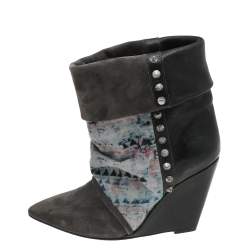 Pre Owned Isabel Marant Multicolor Suede And Leather Printed Corduroy Kate Wedge Ankle Boots Size 36
