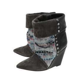 Pre Owned Isabel Marant Multicolor Suede And Leather Printed Corduroy Kate Wedge Ankle Boots Size 36