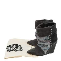Pre Owned Isabel Marant Multicolor Suede And Leather Printed Corduroy Kate Wedge Ankle Boots Size 36