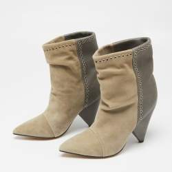 Pre Owned Isabel Marant Grey/Beige Suede and Leather Lance Ankle Boots Size 38