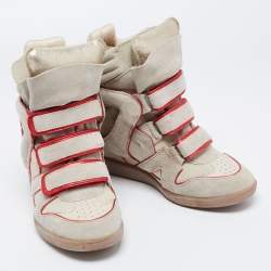 Isabel Marant Grey/Metallic Red Suede and Leather Bekett Wedge Sneakers Size 36
