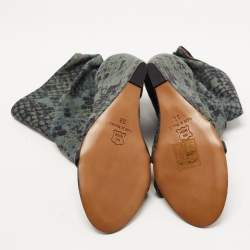 Pre Owned Isabel Marant Black/Green Leather and Printed Canvas Open Toe Wedge Boots Size 38