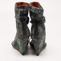 Pre Owned Isabel Marant Black/Green Leather and Printed Canvas Open Toe Wedge Boots Size 38