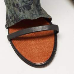 Pre Owned Isabel Marant Black/Green Leather and Printed Canvas Open Toe Wedge Boots Size 38