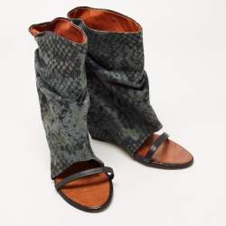 Pre Owned Isabel Marant Black/Green Leather and Printed Canvas Open Toe Wedge Boots Size 38