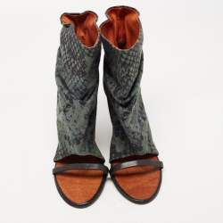 Pre Owned Isabel Marant Black/Green Leather and Printed Canvas Open Toe Wedge Boots Size 38