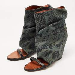 Pre Owned Isabel Marant Black/Green Leather and Printed Canvas Open Toe Wedge Boots Size 38