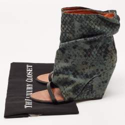 Pre Owned Isabel Marant Black/Green Leather and Printed Canvas Open Toe Wedge Boots Size 38