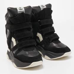 Isabel Marant Black Leather and Suede Monumental Bask Wedge Sneakers Size 40
