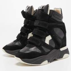 Isabel Marant Black Leather and Suede Monumental Bask Wedge Sneakers Size 40