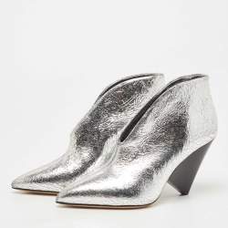 Isabel Marant Silver Foil Textured Leather Adenn Ankle Booties Size 38