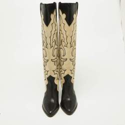 Pre Owned Isabel Marant Beige/Black Suede and Leather Knee Length Boots Size 37