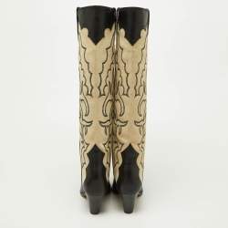 Pre Owned Isabel Marant Beige/Black Suede and Leather Knee Length Boots Size 37