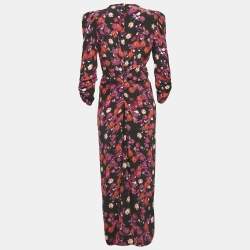 Isabel Marant Black Floral Print Midi Ruched Midi Dress M