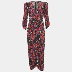 Isabel Marant Black Floral Print Midi Ruched Midi Dress M