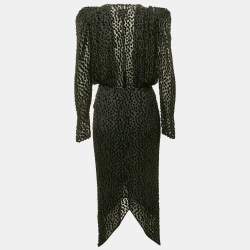 Pre Owned Isabel Marant Black Flocked Chiffon Ruche Asymmetric Midi Dress M